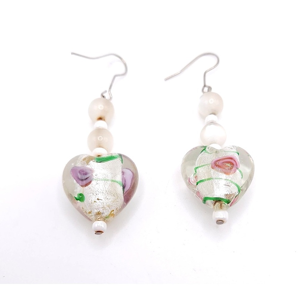 Murano Style Glass Heart‎ Dangle Earrings Silver Foil Handmade